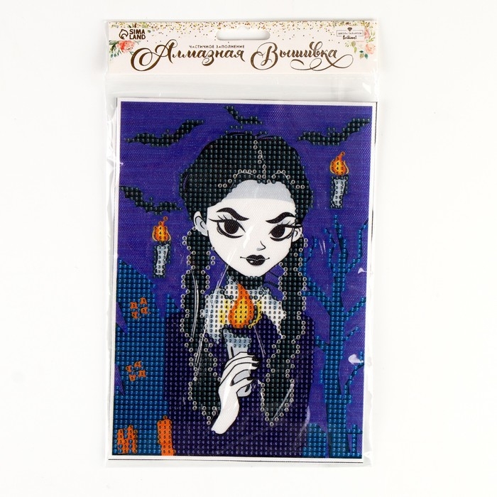 Алмазная мозаика на хеллоуин с частичным заполнением на холсте «Девочка с косичками», 15 х 21 см