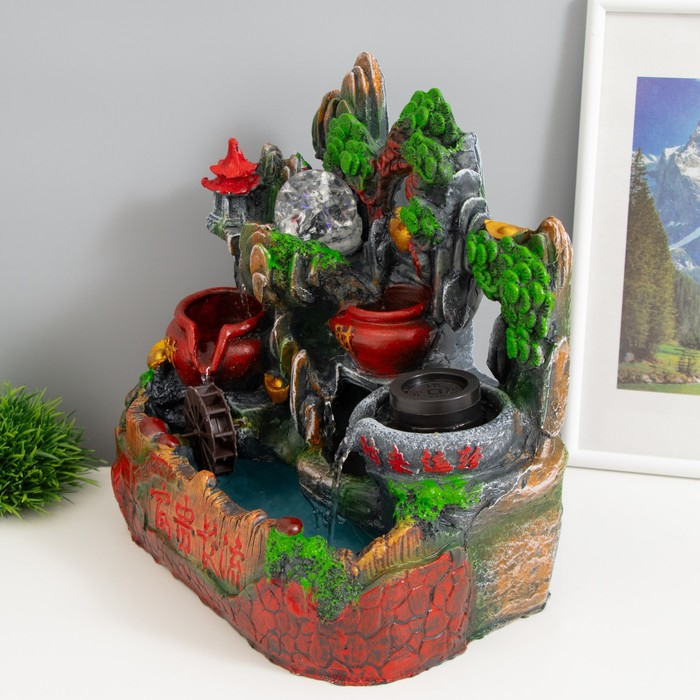 Фонтан настольный полистоун от сети свет "Водяная мельница и пагода" 30х19х31 см