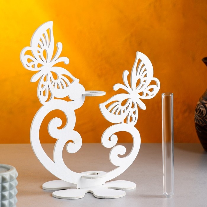 Кашпо деревянное 13.5×13×26.5 см с 1 колбой  Кашпо деревянное 13.5×13×26.5 см с 1 колбой "Бабочки", белый Дарим Красиво