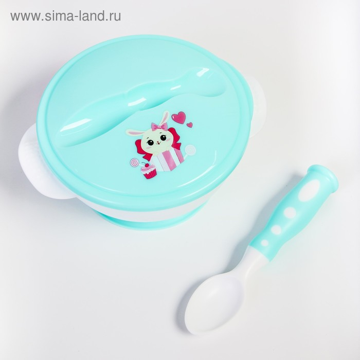 Набор детской посуды «Зайчик», 3 предмета: тарелка на присоске, крышка, ложка, цвет бирюзовый Набор детской посуды «Зайчик», 3 предмета: тарелка на присоске, крышка, ложка, цвет бирюзовый
