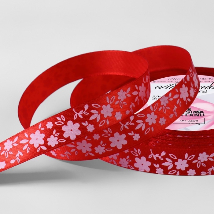 Лента атласная «Цветочки», 15 мм × 23 ± 1 м, цвет красный №026 Лента атласная «Цветочки», 15 мм × 23 ± 1 м, цвет красный №026