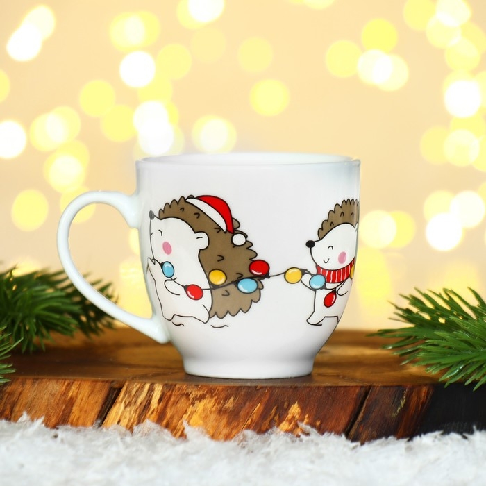 Новый год. Набор из керамики &laquo;Ёжик&raquo;, кружка 180 мл 2 шт, ложка 2 шт, цвет белый