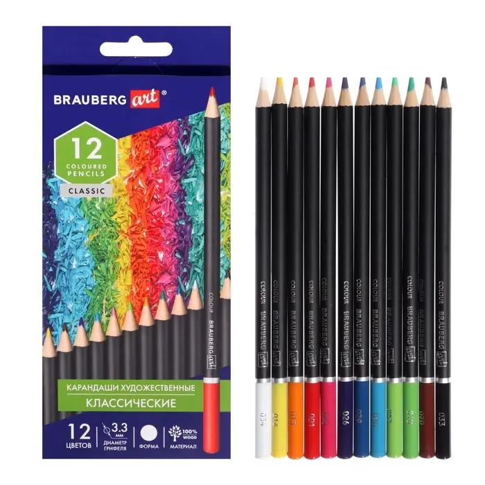 Карандаши художественные цветные BRAUBERG ART CLASSIC, 12 цветов, мягкий грифель 3.3 мм