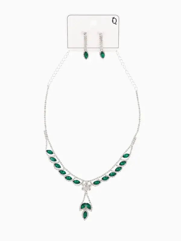 Набор 2 предмета: серьги, колье &laquo;Листопад&raquo;, ромб, изумрудно-белый в серебре, 45 см