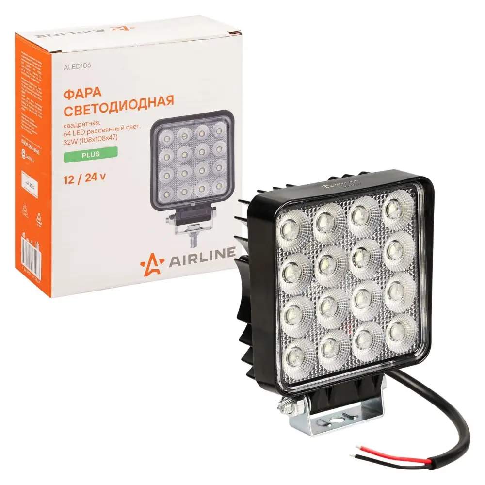 Фара светодиод. квадратная, 64LED, ближний свет, 32Вт, 108х108х47мм, 12/24В, PLUS