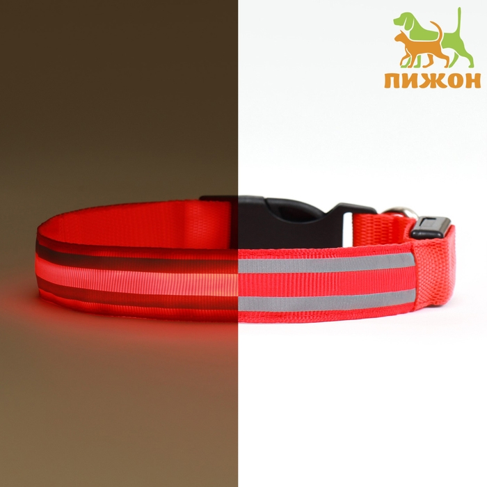Ошейник с подсветкой Двойная полоса размер М, ОШ 40-48 х 2,5 см, 3 режима свечения красный Ошейник с подсветкой Двойная полоса размер М, ОШ 40-48 х 2,5 см, 3 режима свечения красный