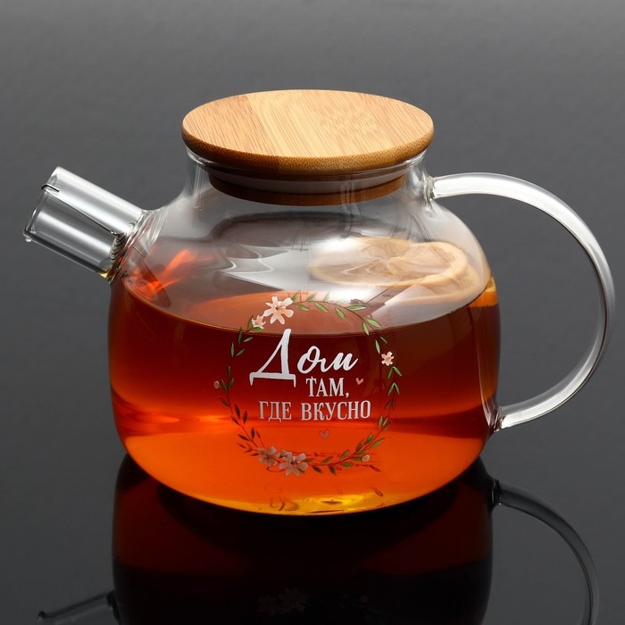 Чайник стеклянный заварочный с бамбуковой крышкой «Дом», 1000 мл Чайник стеклянный заварочный с бамбуковой крышкой «Дом», 1000 мл