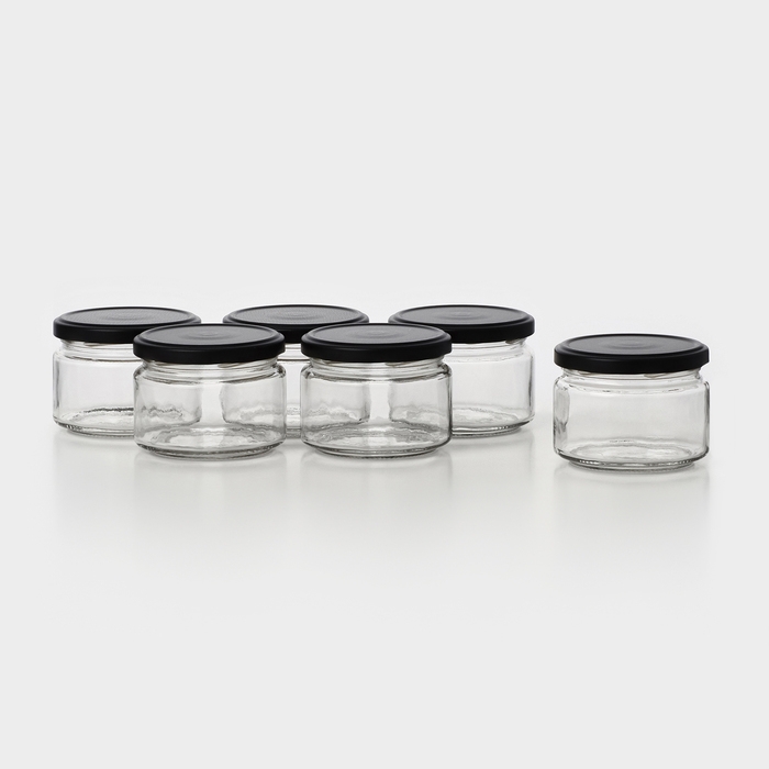 Набор стеклянных банок с черной крышкой и этикеткой, ТО-82, 250 мл, 6 шт Набор стеклянных банок с черной крышкой и этикеткой, ТО-82, 250 мл, 6 шт
