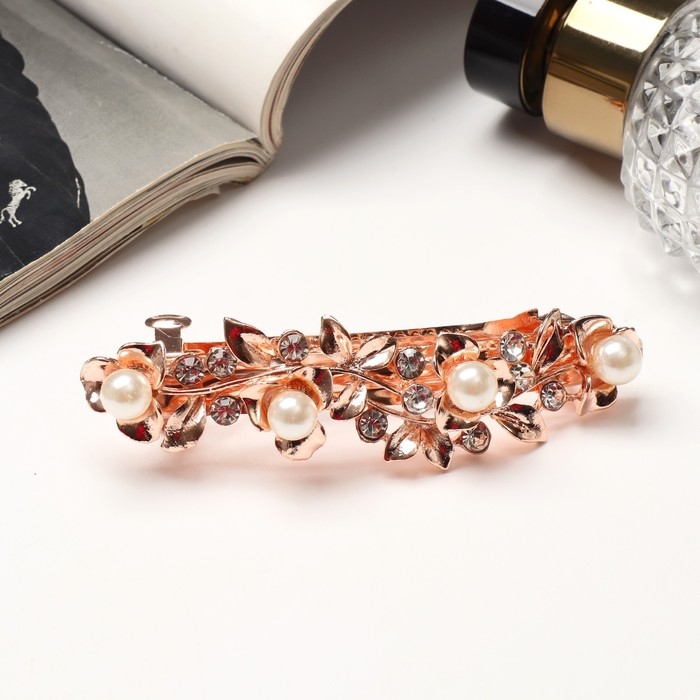 Заколка-автомат для волос Заколка-автомат для волос "Джоззи" жемчуг листочки, 9 см, золото