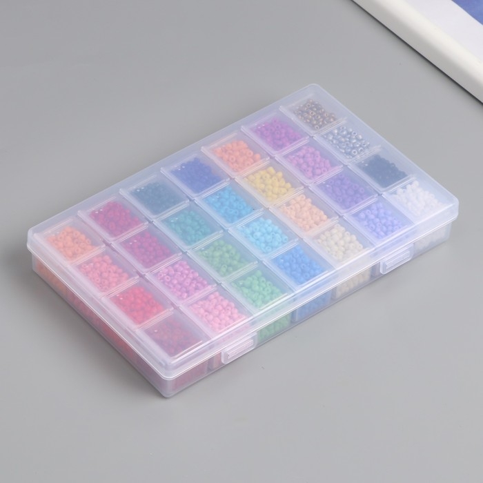 Бисер стекло 8/0 (3 мм) в шкатулке  Бисер стекло 8/0 (3 мм) в шкатулке "Яркий" 28 цветов х 10  гр + декор 17,5х10,5х2,4 см