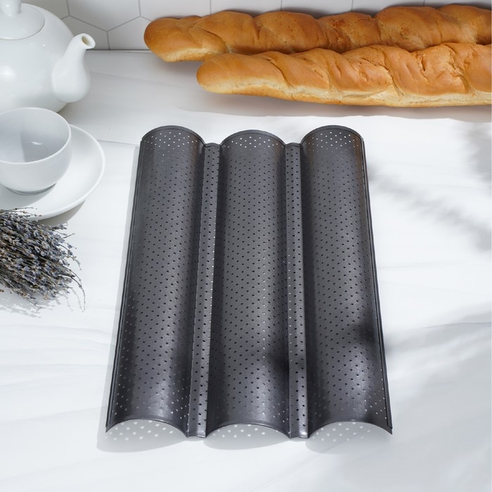 Форма для выпечки перфорированная Доляна «Хлеб. Багет», 38×23,5×2,5 см, антипригарное покрытие Форма для выпечки перфорированная Доляна «Хлеб. Багет», 38×23,5×2,5 см, антипригарное покрытие