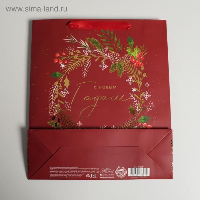 Пакет подарочный новогодний ламинированный «Новогодний веночек», M 26 х 30 х 9 см