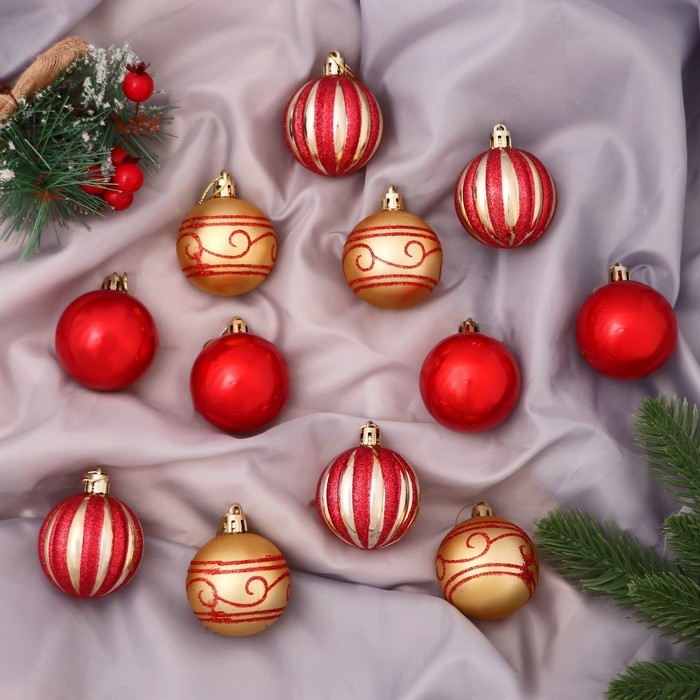 Набор шаров пластик d-5 см, 12 шт Набор шаров пластик d-5 см, 12 шт "Агнет" узоры полосы, золотисто-красный