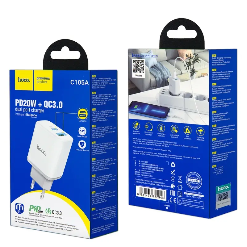 Переходник сетевого зарядного устройства на Type-C PD20W + USB QC3.0 C105A HOCO белый