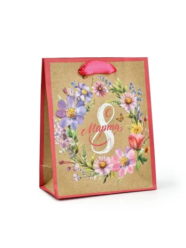 Пакет подарочный крафтовый «8 марта», S 12 х 5.5 х 15 см