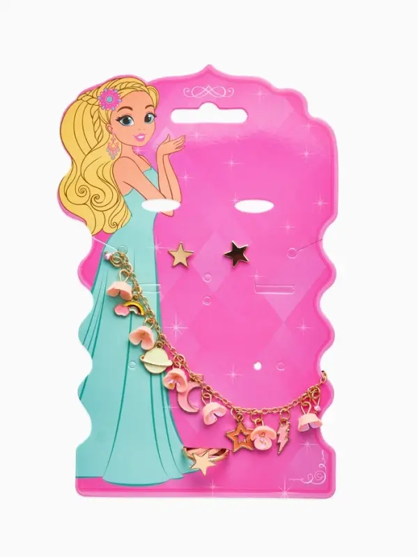 Набор детский &laquo;Выбражулька. Космос&raquo;, 3 предмета: бусы, пусеты, кольцо, розовый, золотой