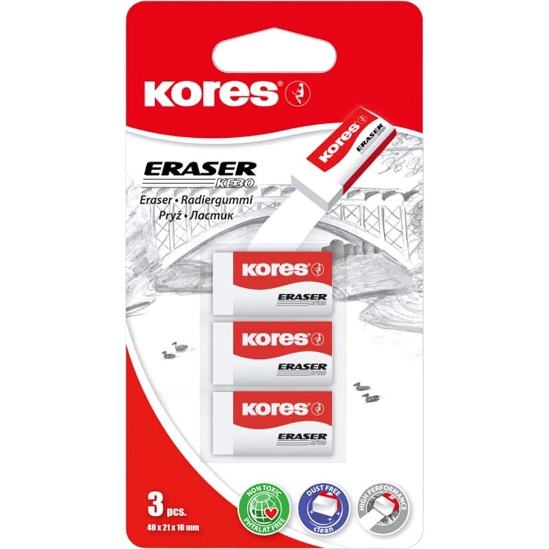 Ластик Kores,40x21x10mm,блистер,3шт,KE-30