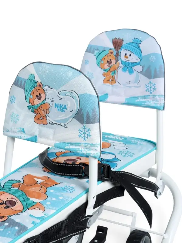 Снегокат «Тимка спорт 6Д» с забавными медвежатами, с двумя спинками, с родительской ручкой, бирюзовый, ТС6Д/ЗМ Nika