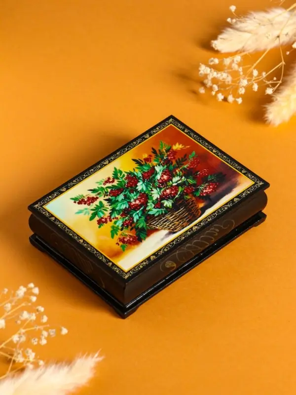 Шкатулка «Рябина в корзине», 10×14 см, лаковая миниатюра