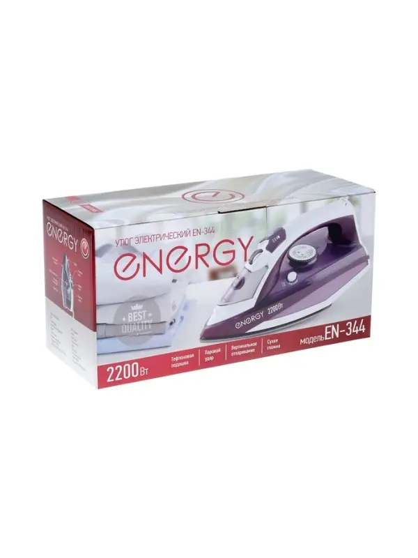 Утюг ENERGY EN-344, 2200 Вт, тефлоновое покрытие, 350 мл, подача пара до 25 г/мин, фиолетовый