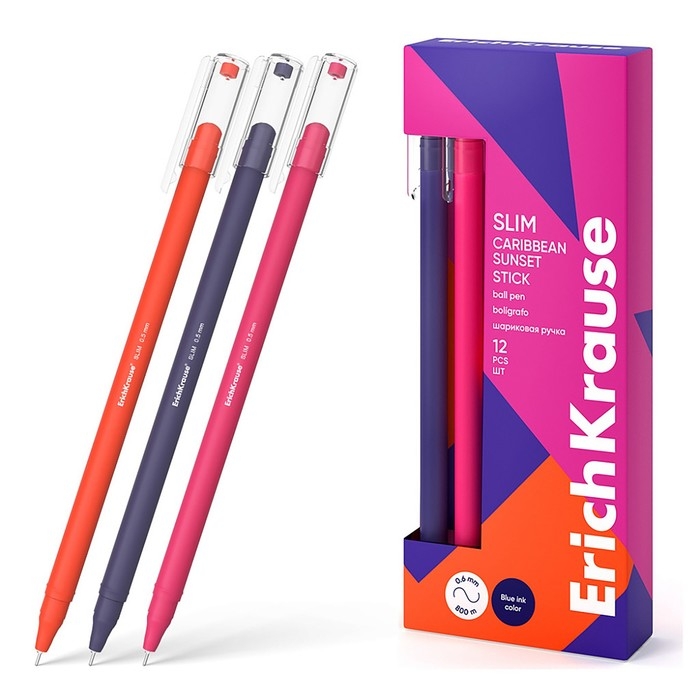 Ручка шариковая ErichKrause Slim Stick Caribbean Sunset, игольчатый узел 0.7 мм, чернила синие, покрытие Soft Touch, МИКС Ручка шариковая ErichKrause Slim Stick Caribbean Sunset, игольчатый узел 0.7 мм, чернила синие, покрытие Soft Touch, МИКС