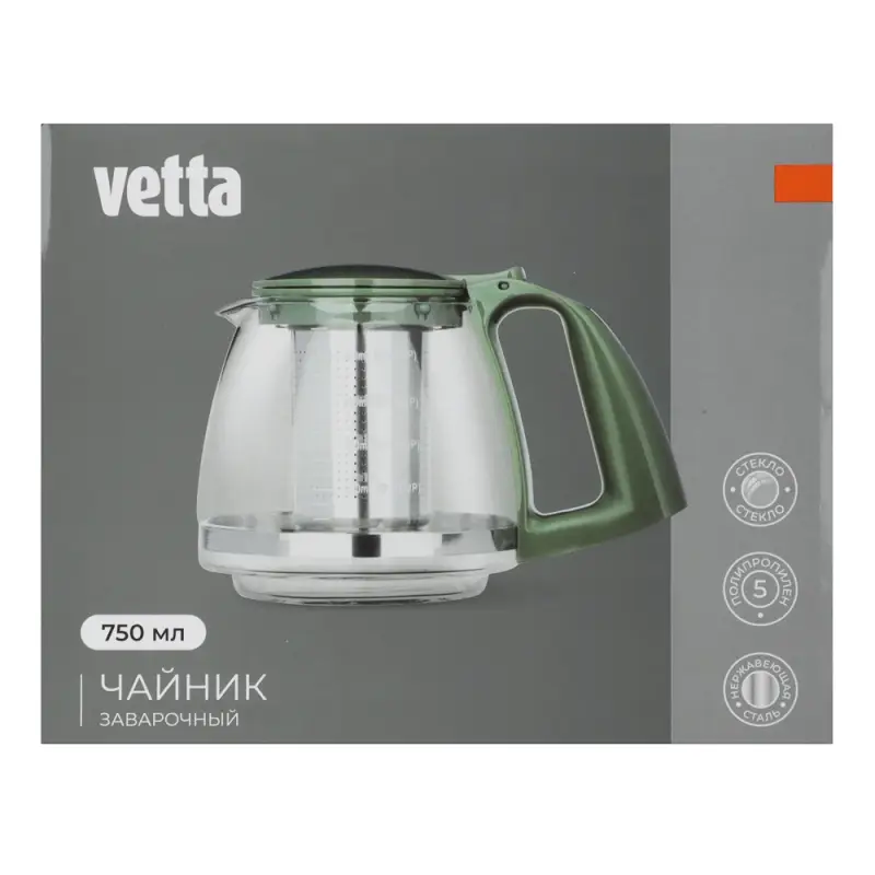 VETTA Чайник заварочный 750мл, ситечко из нержавеющей стали, стекло, полипропилен