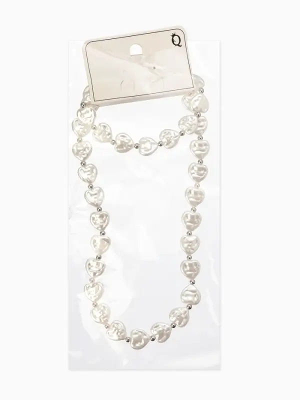 Набор 2 пред-та: бусы,браслет "Жемчуг барочный", сердечки, 40/18см, цвет белый в серебре