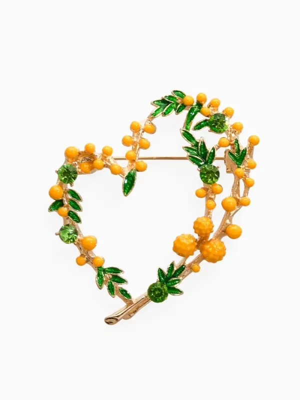 Брошь "Сердечко" мимоза, цвет жёлто-зелёный в золоте