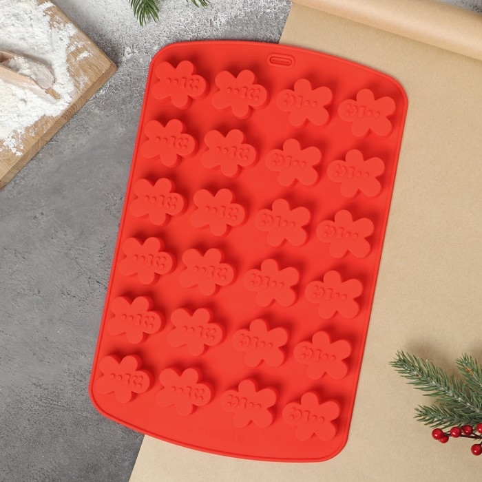 Форма для выпечки новогодняя Доляна &laquo;Пряничный человек&raquo;, силикон, 32,5&times;21&times;1,5 см, 24 ячейки, цвет красный