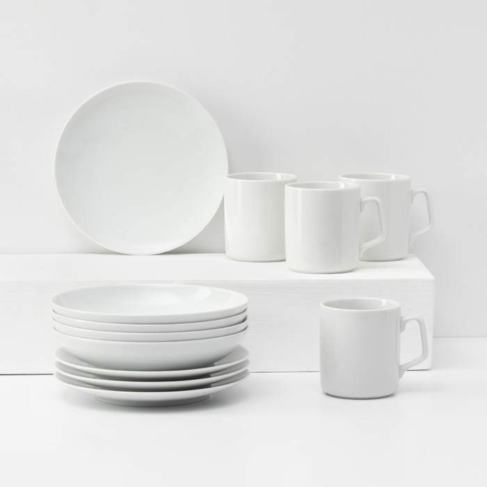 Набор фарфоровой посуды «Универсальный», 12 предметов: тарелка d=20 см, глубокая 600 мл, d=20 см, кружка 350 мл Набор фарфоровой посуды «Универсальный», 12 предметов: тарелка d=20 см, глубокая 600 мл, d=20 см, кружка 350 мл