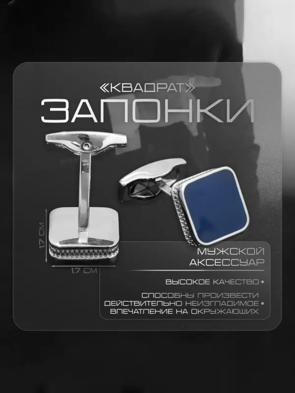 Запонки медные &laquo;Квадрат&raquo;, классический, синие в серебре