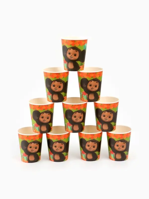 Посуда одноразовая бумажная для праздника, на 10 персон, стакан, тарелка, скатерть, Чебурашка