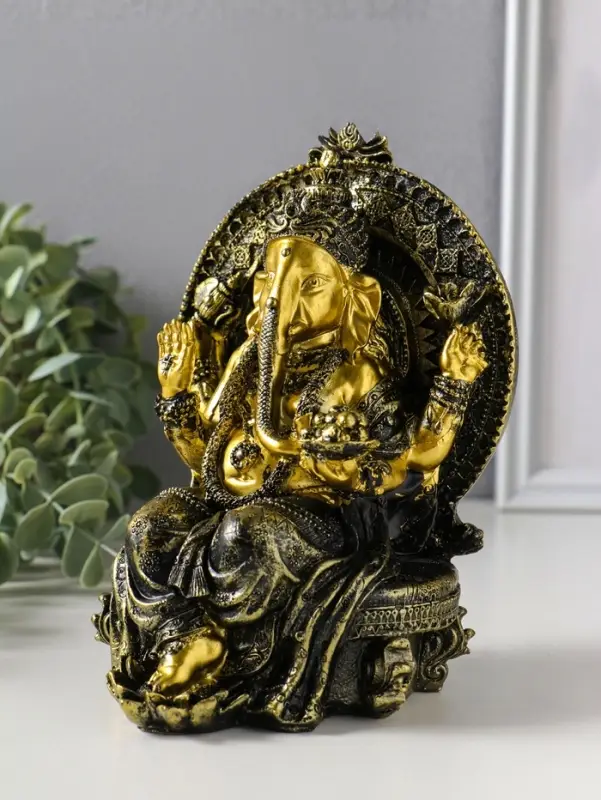 Сувенир полистоун "Ганеша в шароварах, на троне" золотая бронза 11,3х12,2х17,2 см