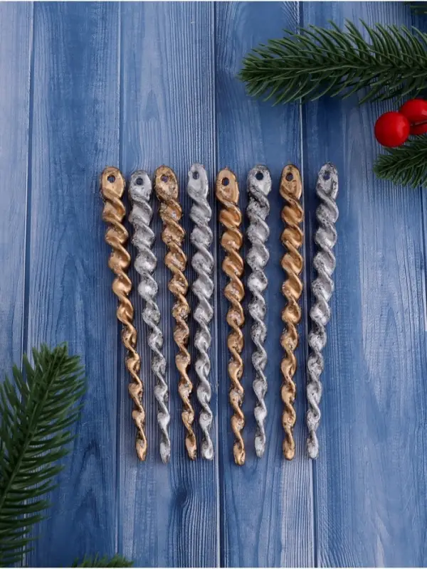 Ёлочные игрушки набор 8 шт. &laquo;Витые сосульки&raquo;, 12 см, серебро/золото