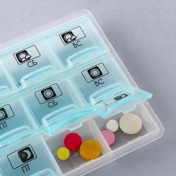 Таблетница органазйер «Утро, день, вечер», 21 секция, русские буквы, голубая. Таблетница органазйер «Утро, день, вечер», 21 секция, русские буквы, голубая.