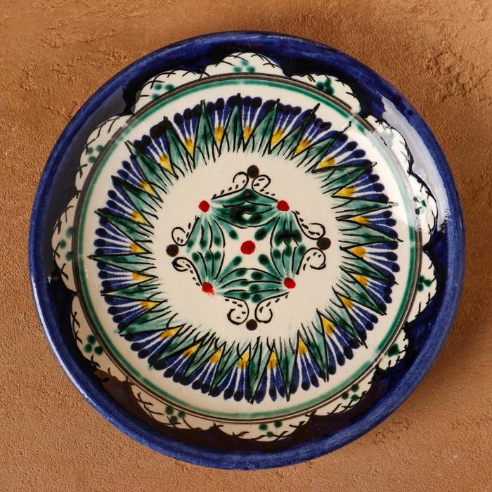 Тарелка Риштанская Керамика Тарелка Риштанская Керамика "Цветы", синяя, плоская, 15 см, микс