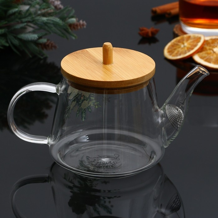 Новый год. Чайник заварочный стеклянный с бамбуковой крышкой «Зимние истории», 600 мл Новый год. Чайник заварочный стеклянный с бамбуковой крышкой «Зимние истории», 600 мл