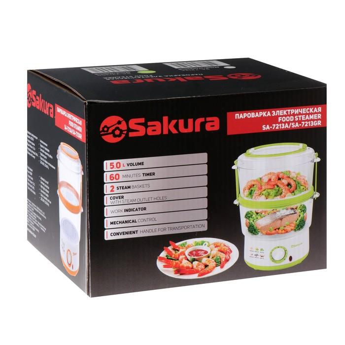 Пароварка Sakura SA-7213GR, электрическая, 500 Вт, 5 л, 2 яруса, бело-зеленый Пароварка Sakura SA-7213GR, электрическая, 500 Вт, 5 л, 2 яруса, бело-зеленый