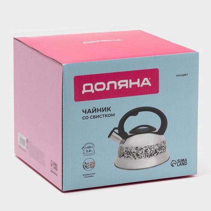Чайник со свистком из нержавеющей стали Доляна «Расцвет», 2,8 л, фиксированная ручка, с индикатором нагрева