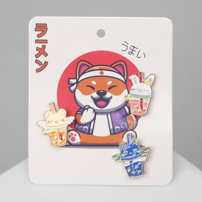 Набор значков (3 шт.) «Стаканчики» зверята, цветные в золоте Набор значков (3 шт.) «Стаканчики» зверята, цветные в золоте