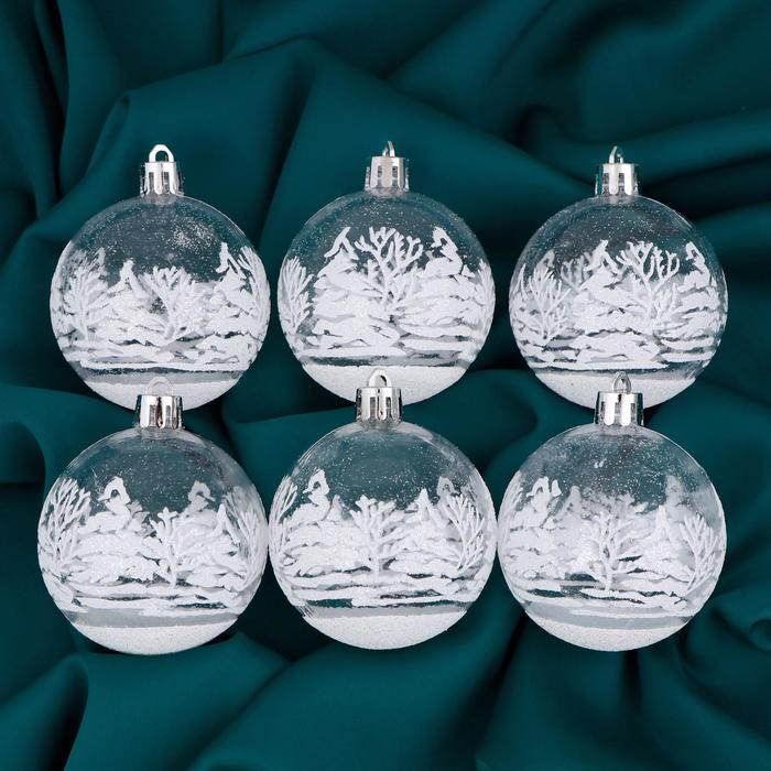 Набор шаров пластик d-6 см, 6 шт Набор шаров пластик d-6 см, 6 шт "Изморозь" зимний лес, белый