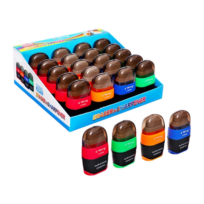 Точилка с контейнером двойная Универсальная с ластиком МИКС Точилка с контейнером двойная Универсальная с ластиком МИКС