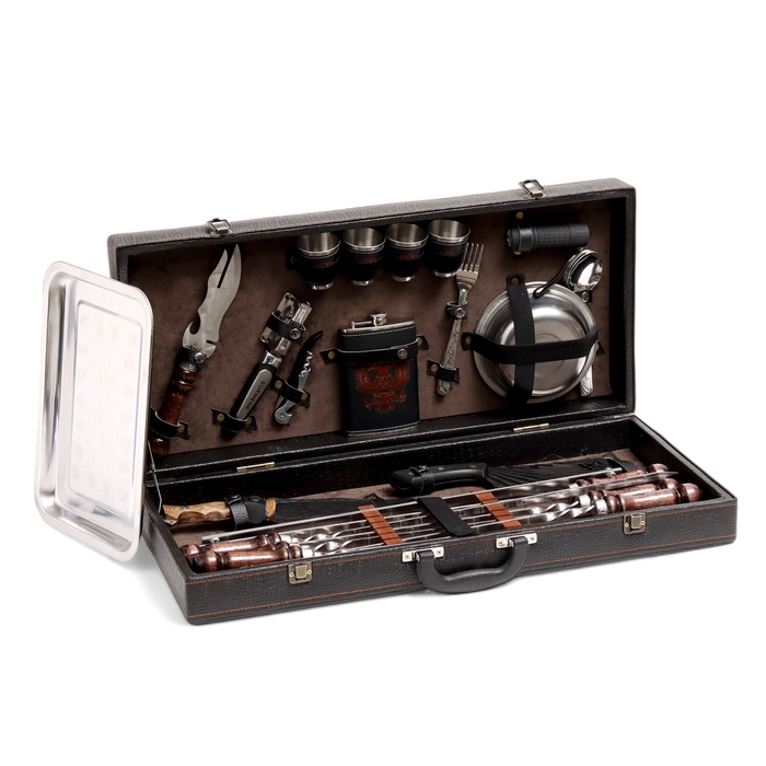 Набор с шампурами подарочный  Набор с шампурами подарочный "Охотник" №10, в кейсе из эко-кожи