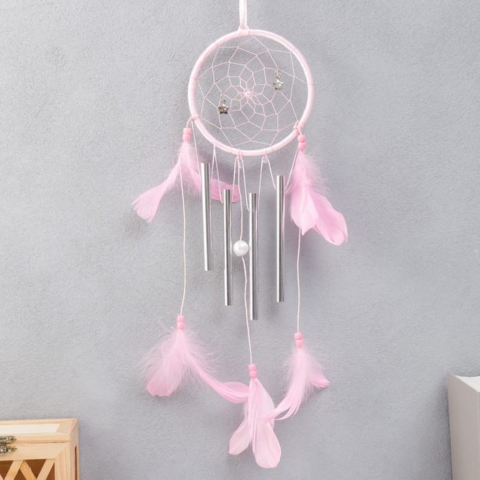 Ловец снов+музыка ветра 4 трубочки Ловец снов+музыка ветра 4 трубочки "Паутинка с звёздочками" d=13 см МИКС 47 см