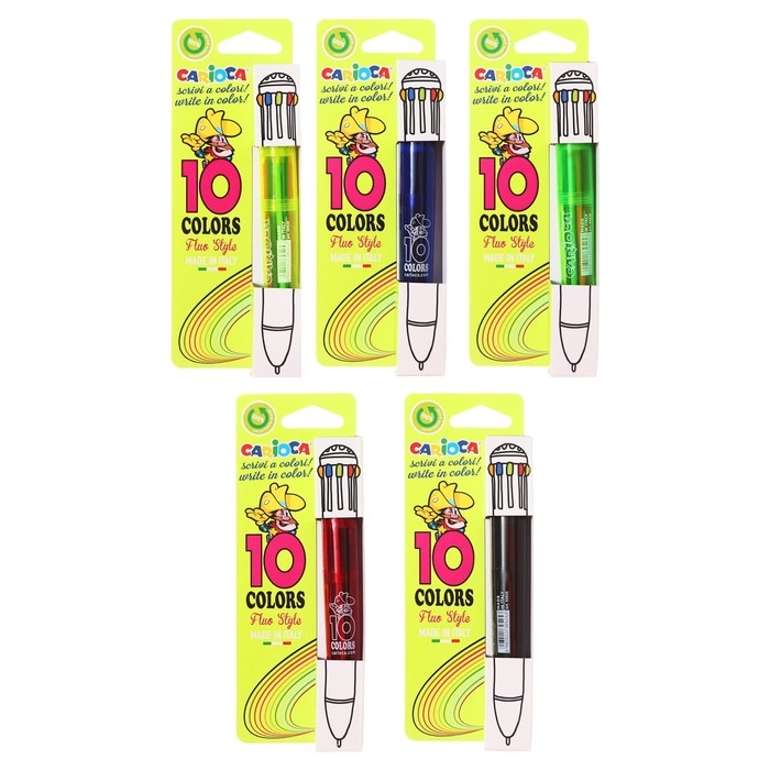Ручка шариковая автоматическая, 10 цветов, Ручка шариковая автоматическая, 10 цветов, "Carioca" "Fluo", узел 1.0 мм, флуоресцентная палитра, микс