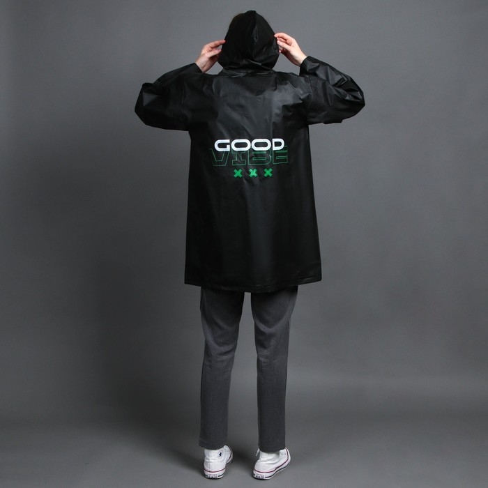 Дождевик взрослый укороченный GOOD VIBE, на кнопках, цвет чёрный, размер 42-48 Дождевик взрослый укороченный GOOD VIBE, на кнопках, цвет чёрный, размер 42-48