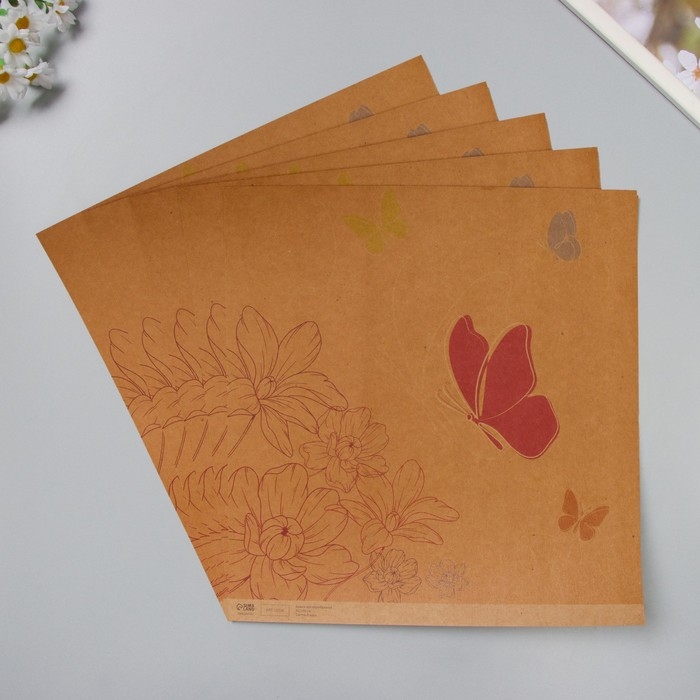 Бумага для скрапбукинга двусторонняя Бумага для скрапбукинга двусторонняя "Цветы и листья крафт" плотность 180 гр набор 5 шт 30,5х32 см