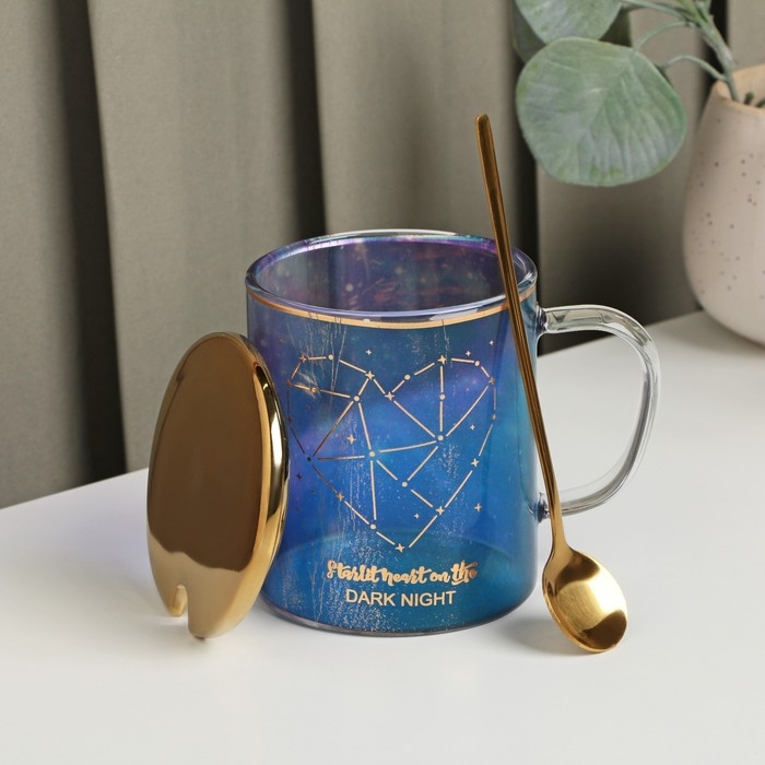 Кружка стеклянная с керамической крышкой и ложкой «Созвездие», 370 мл, цвет МИКС