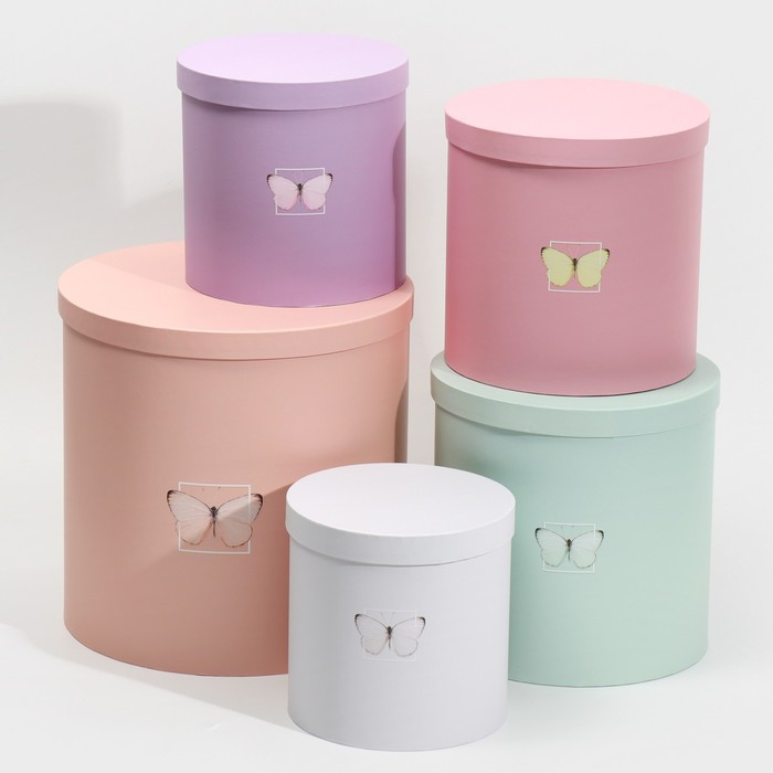 Набор круглых коробок 5 в 1, упаковка подарочная, «Бабочки», 23 х 23 х 25 ‒ 15 х 15 х 15 см