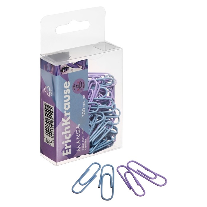 Скрепки канцелярские 28 мм, 100 штук, ErichKrause Manga, цветные с виниловым покрытием, пластиковая коробка, МИКС Скрепки канцелярские 28 мм, 100 штук, ErichKrause Manga, цветные с виниловым покрытием, пластиковая коробка, МИКС